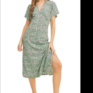 Lush Green and White Wrap Midi Dress with Flutter Sleeves